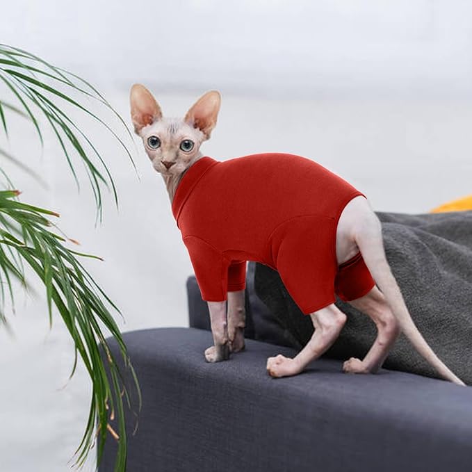 ROZKITCH Hairless Cat Clothes, Breathable Soft Cat Jumpers for Cats Only, Cat Coat with Four Legs, Warm Cat Sweater Cat T-Shirt Cat Pajamas Jumpsuit Vest Cornish Rex Devon Rex Peterbald Red XL