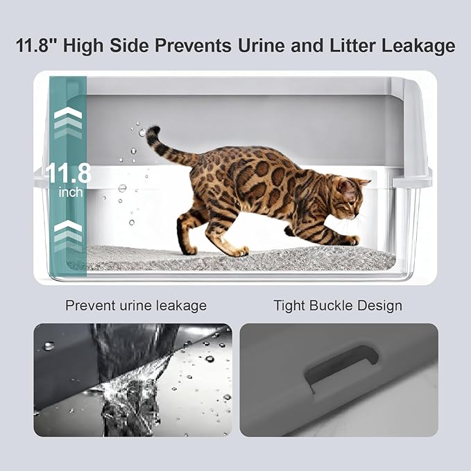 Stainless Steel Cat Litter Box, Open Top High-Sided Metal Litter Box with Scoop, Extra Large Litter Boxes for Kitty Kitten and Big Cats, Anti-Urine Leakage, Non-Sticky, Easy to Clean (Grey)