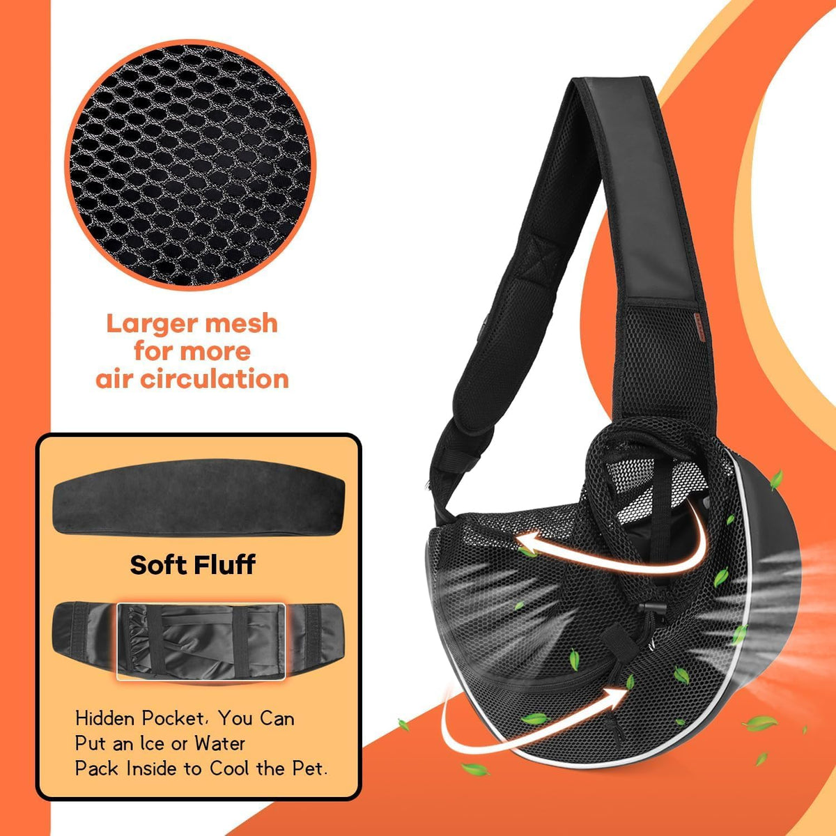 YUDODO Pet Sling Carrier for Small Dogs & Cats – Hands-Free Puppy Carrier with Safety Hook, Large Zipper Pocket, Soft Breathable Mesh, Adjustable Strap & Reflective Strip (Black 3.0 S)