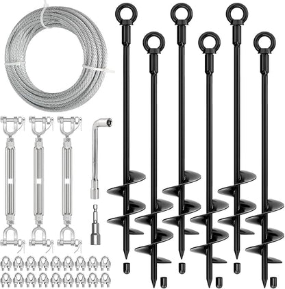 30" Ground Anchors Shed Anchors Kit with 3/16" 75FT Galvanized Cable & M6 304 Stainless Steel Turnbuckles, Heavy Duty Earth Anchors for Sheds Trees Trampoline Greenhouse Swing Set Tent, 6Pack Black