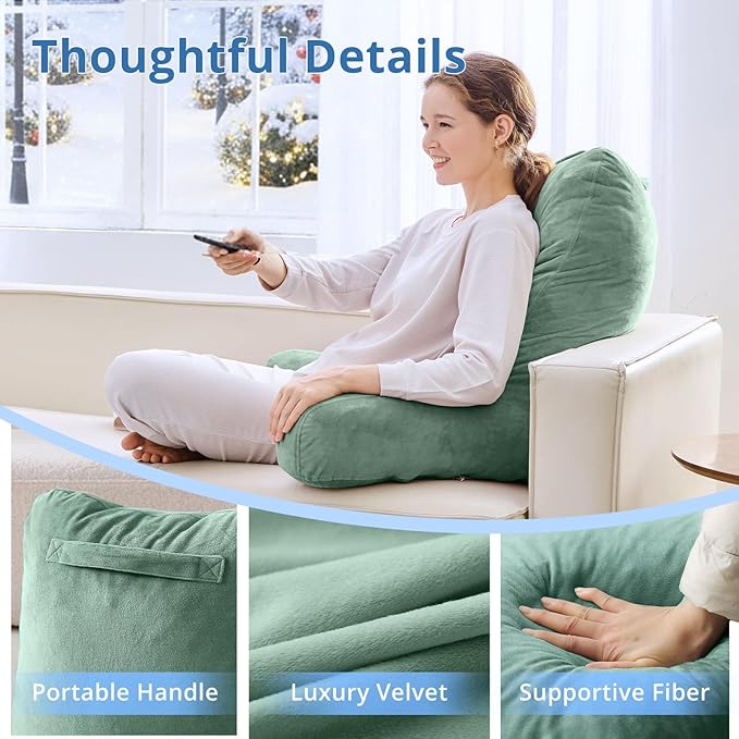 Sasttie 25-inch Reading Pillows for Sitting in Bed Adult, Jumbo Velvet Back Pillow Bed Sitting Up, XL High Back-Rest Support Cushion for Sit Up on Couch & Floor, Oeko-Tex Certified, Green