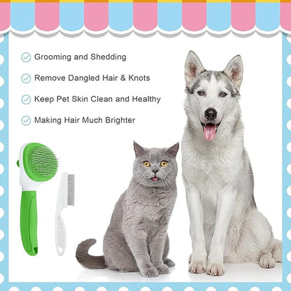 Cat Brushes for Indoor Cats, Dog Brush for Shedding with Metal Cat Comb, Self Cleaning Pet Hair Brush with Release Button for Grooming Kitten(Green)