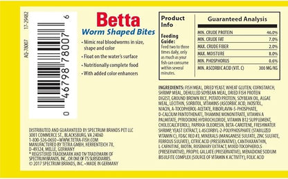 Tetra BettaMin Worm Shaped Bites 0.98 Ounce, Complete Diet for Bettas (Pack of 2)