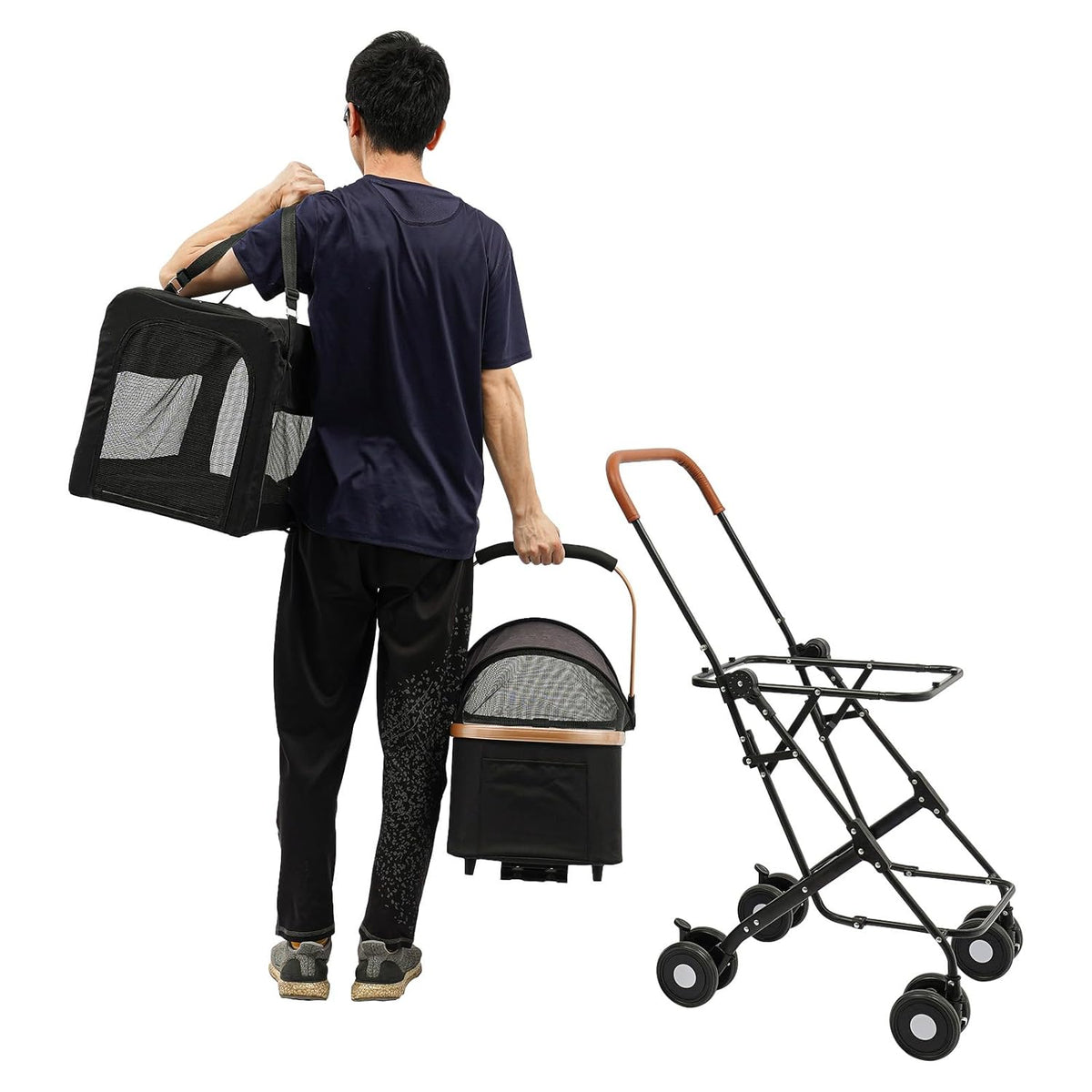 Double Pet Stroller for Dogs and Cats, Foldable Dog Stroller Travel Carriage with Detachable Carriers, Safety Belts, and 4 Lockable Wheels for Small to Medium Pets (Black)