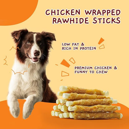 Jungle Calling Dog Treats, Chicken Wrapped Rawhide Sticks for Dogs, Grain-Free Natural Small Dogs Training Treats, Edible Pet Chew Snacks,10.6 oz