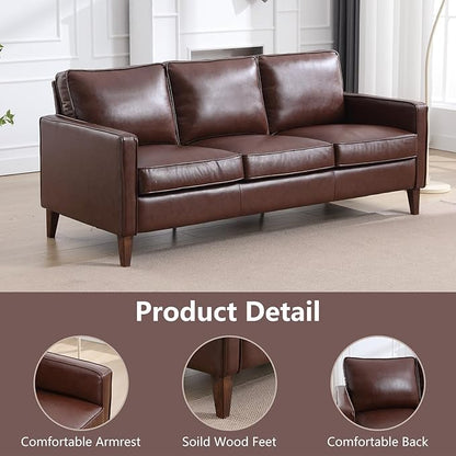 EBELLO 77” Mid Century Modern Sofa Couch, 3 Seater Faux Leather Couches for Living Room, Soft Padded Comfy Cushion, Small Sofa for Small Spaces, Bedroom, Apartment, Dark Brown