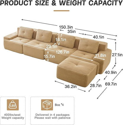150.4'' Sectional Sofa, 32D Foam Corduroy Boneless Couch with Pillow, Deep Seat Wide Arm Sectional L Shaped Couch for Living Room, Apartment, Bedroom