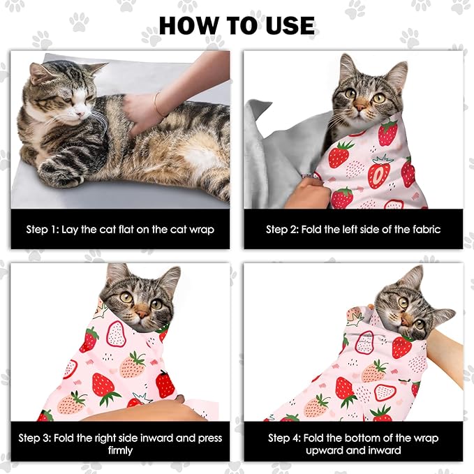 27.6" Cat Grooming Wrap, Self Adhesive Cat Wrap for Cutting Nails, Anti-Escape Cat Swaddle Wrap for Medicine Ear Cleaning, Strawberry Anti-Scratch Cats Burrito Restraint Blanket, Pet Tool (6-10 lbs)