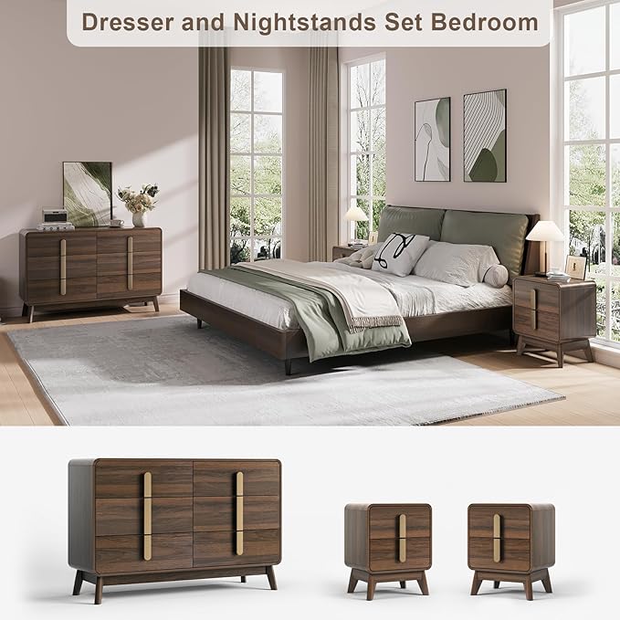Mid Century Modern Bedroom Set, 6 Drawer Dresser and Nightstand Sets for Bedroom, Night Stand Set 2 & 6 Drawer Dresser with Gold Handles, Wood Chest of Drawers Storage Cabinet Set, Walnut