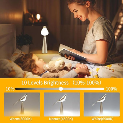 Small Desk Lamp, Bird Lamp, 10 Level Dimmable Brightness Bedside Night Light, Bedroom Table Lamp for Dorm, Office, Gifts, Reading, 3 Colors, Metal Finish, Gold, 360° Rotation