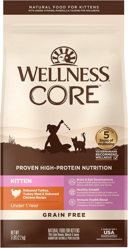 Wellness CORE Kitten Dry Cat Food for Indoor & Outdoor Cats, Grain Free, Natural, Original Turkey, Turkey Meal and Chicken (5 Pound Bag)