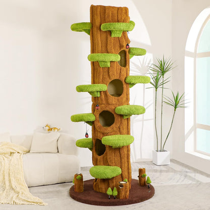 90.5'' Luxury Cat Tree for Indoor Cats, All-in-One Tall Cat Tower with Scratching Post, Multi-Level House, Wood Condo for Multi-Cat Families (Green)