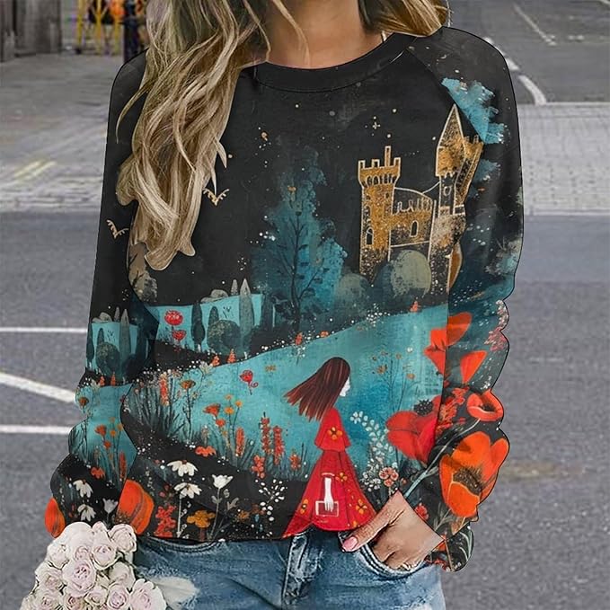 Long Sleeve Shirts for Women Cat Oil Painting Shirt 3D Graphic Sweatshirts Fall Pullover Crewneck Vintage Boho Tops