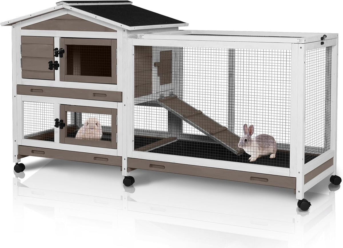 62" Rabbit Hutch with Chew-Proof Ramp & Waterproof Roof - Indoor/Outdoor Bunny Cage, 2-Story Design, 6 Lockable Caster Wheels & Dual Pull-Out Trays (Brown)