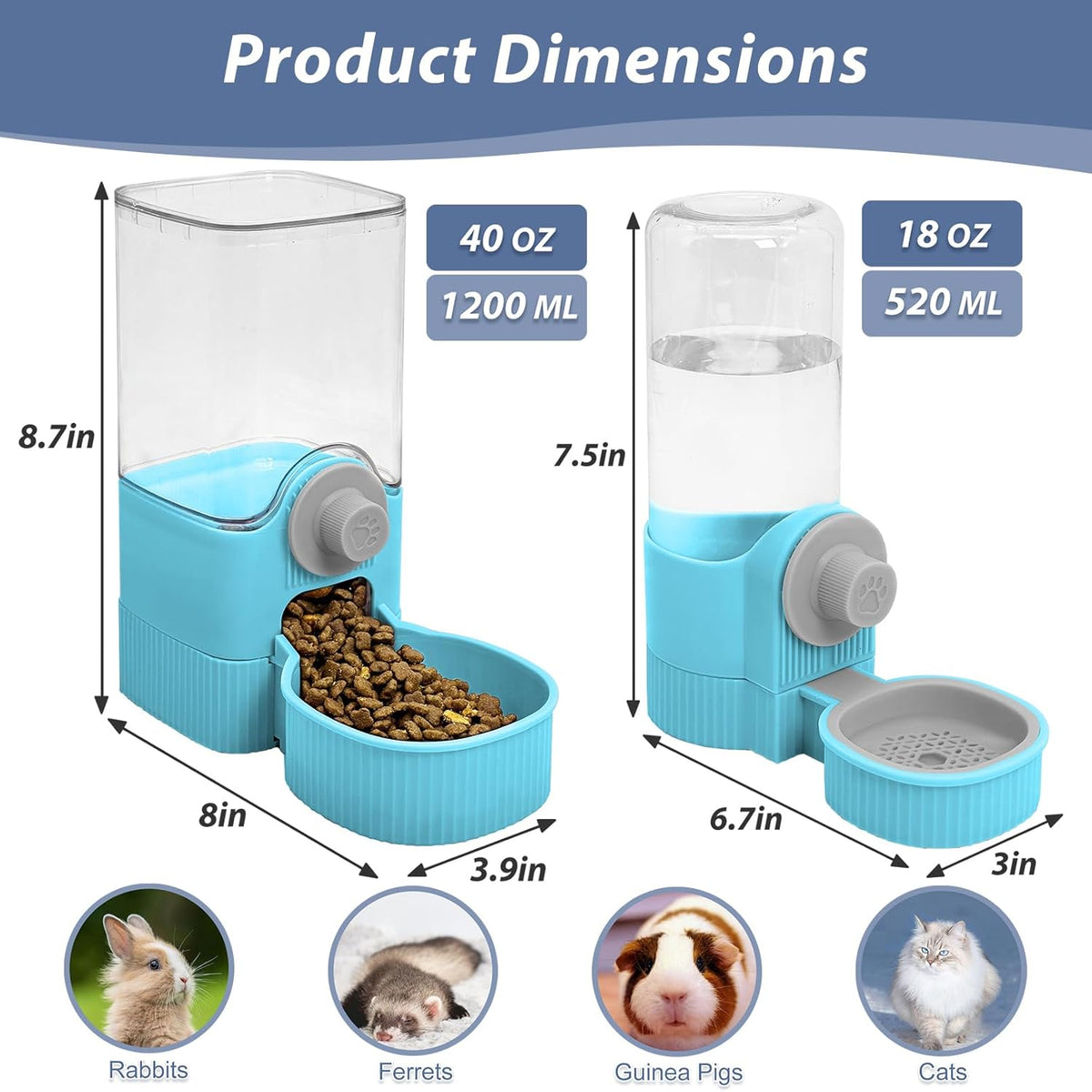 Fhiny Rabbit Food & Water Dispenser, Large Capacity Gravity Guinea Pig Feeder and Waterer Set for Cage Hanging Automatic Bunny Feeder for Bunny Guinea Pig Chinchilla Ferret Cat Puppy