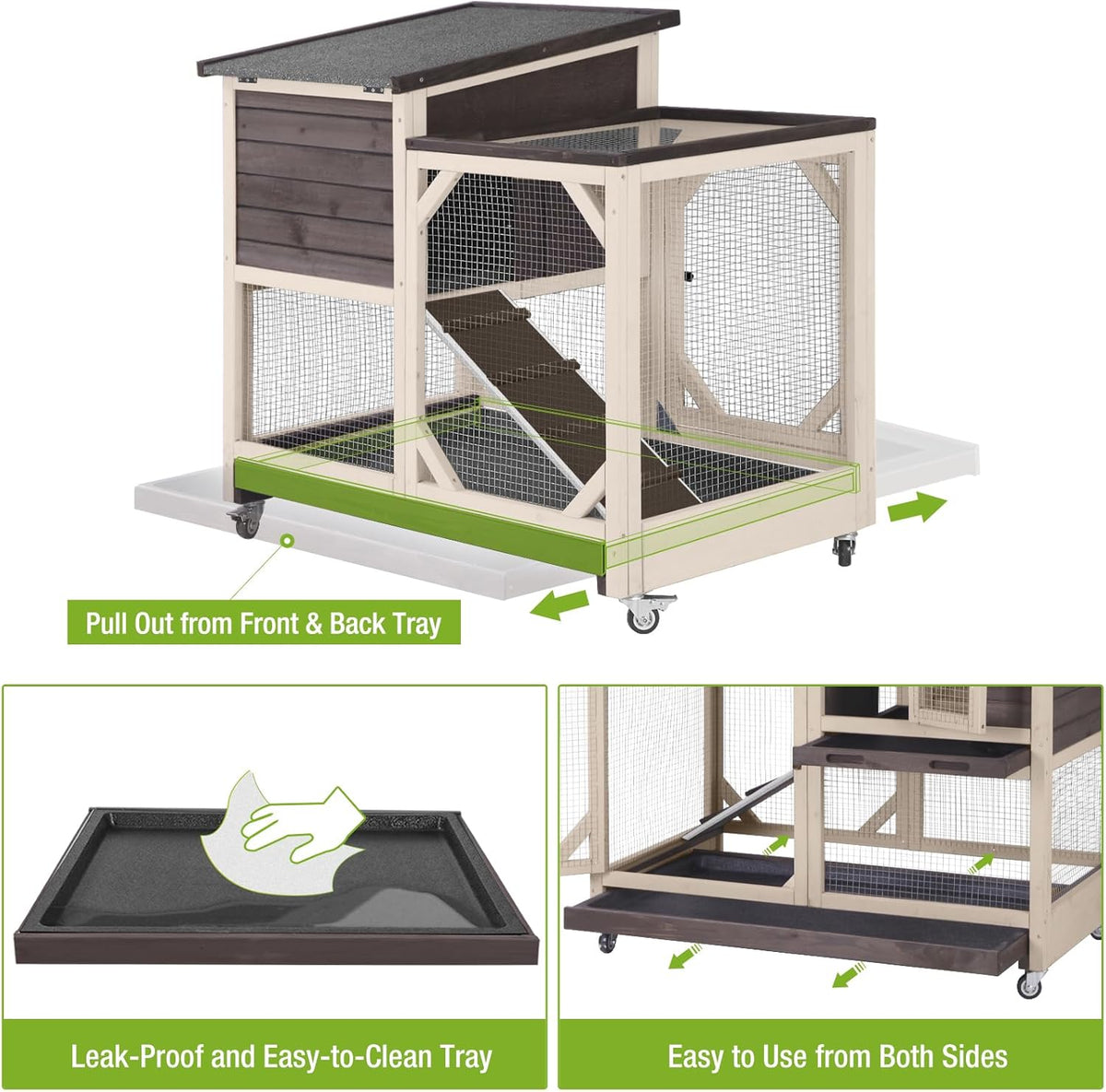 GUTINNEEN 2-Story Rabbit Hutch with Chew-Proof Ramp & Pull-Out Trays - Indoor/Outdoor 39.3" Wooden Rabbit Cage on Wheels for Rabbits, Guinea Pigs (Dark Brown)
