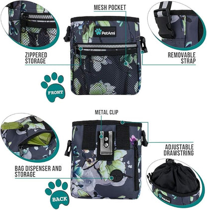 PetAmi Dog Treat Pouch, Pet Treat Pouch for Training, Dog Walking Bag Holder for Kibbles, Pet Food Toy, Dog Trainer Essentials Supplies, Poop Bag Dispenser, 3 Ways to Wear (Floral Grey)