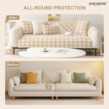HANDONTIME Non-Slip Pet Couch Cover Washable, Plush Faux Fur Couch Protector for Cushion Pet-Friendly Sofa Covers for Dogs, Checkered Diamond Sectional Covers Dog Mat for Sofa (Khaki, 35.6" x 63")