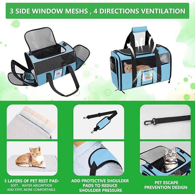 Extra Large Pet Carrier 20 lbs+, Soft Sided Cat Carriers for Large Cats Under 25 lbs, Folding Big Dog Carrier 20"x13"x13", Cat Carrier for 2 Cats Travel Carrier -Large- Blue