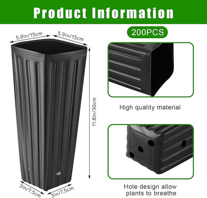 Nuenen 200 Pcs Tall Pot Plastic Deep Plant Nursery Pots Black Seedling Flower Plant Container with Drainage Holes for Indoor Outdoor Gardening (11.8" H X 5.9" W)