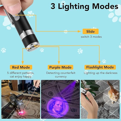 Cat Toy Pointer, USB Rechargeable with 7 Adjustable Patterns, Interactive Chase Toys for Indoor Cats & Dogs, Training & Exercise Fun (Black)