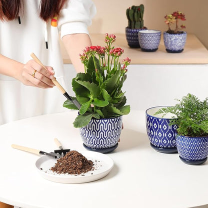Selamica Ceramic Plant Pots, 4.6 Inch Flower Pots for Indoor Plants, Succulent Pots with Drainage Hole & Saucer, Succulent Planters for Succulent Cactus, Home Decor, Set of 4, Vintage Blue