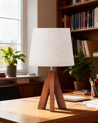 Small Tripod Table Lamp, Modern Nightstand Lamp with Fabric Shade, Boho Bedside Wood Desk Lamp for Bedroom, Kids Room, Living Room, Office, Study, Dark Wood and Beige, LE51TL05