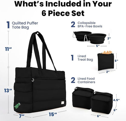 Puffer Dog Travel Bag for Dog Moms, Diaper Bag with Travel Bowls | 2 BPA-Free Collapsible Bowls, 2 Pet Food Containers, 9 Pockets, Everyday Puffer Bag Works With or Without Your Dog, Black