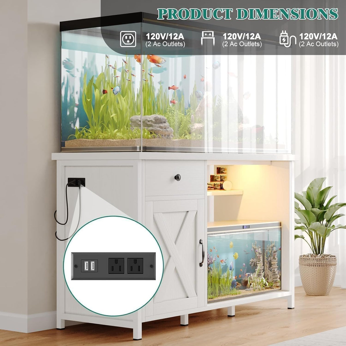 55 Gallon Fish Tank Stand with LED Light & Power Outlets, 55-75 Gallon Aquarium Stand with Drawer & Barn Door, 50" L x 20" W Cabinet for 2 Fish Tank Accessories Storage, Turtle Tank, Antique White