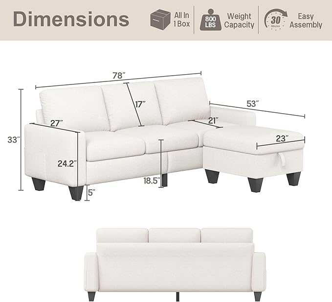ZeeFu Couch for Living Room - 78'' Beige Linen 3 Seat L-Shaped Sectional Sofa Couches with Storage Ottoman - Modern Small Space Upholstered Furniture Sofa Set for Office Small Space Apartment Bedroom