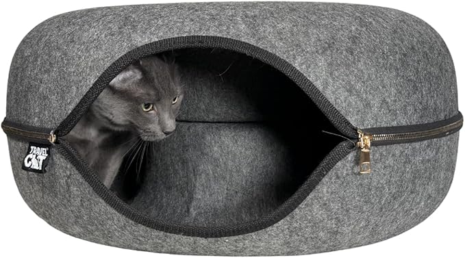Travel Cat Tunnel Bed Cave - 21 Inch Large Premium Grey Round Donut Cat Cave for Indoor Cats, Kitten - Detachable Cat Hideaway Cat Bed with Tunnel for Playing, Scratching, Sleeping