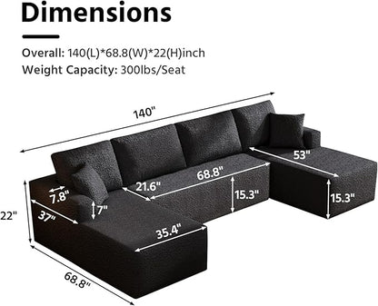 140" Modular U-Shaped Sectional Sofa, 7-Seater Cloud Couch with Double Chaise, Modern Sleeper Sofa,No Assembly Sectional Cloud Boneless Sofa Couches for Living Room/Apartment