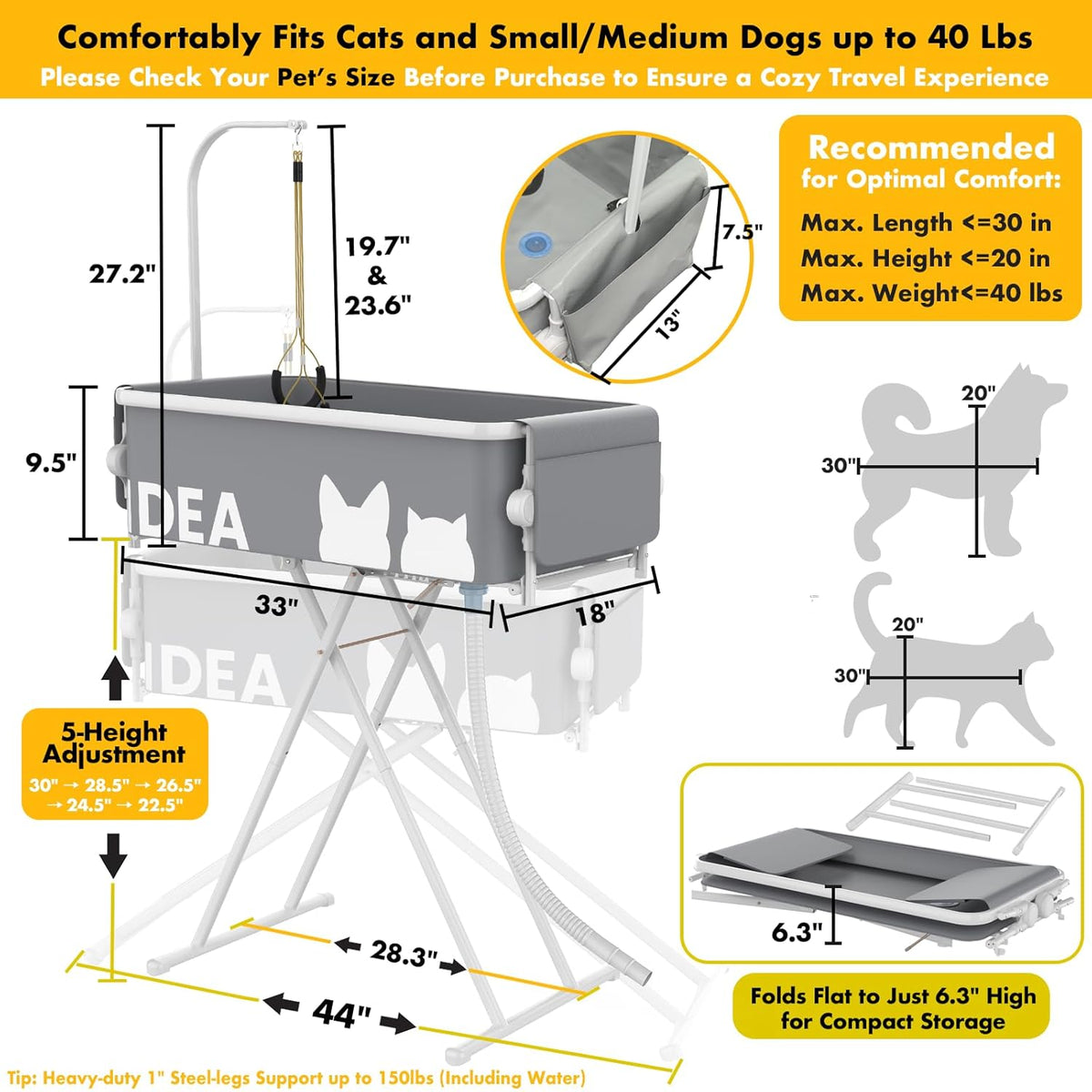 PAWZIDEA 2-in-1 Portable Dog Bathtub & Grooming Table, 33" Foldable Pet Washing Station for Small Medium Dogs Cats, Elevated Tubs for Bathing Shower Indoor Outdoor, 5 Height Adjustable, Storage Pocket