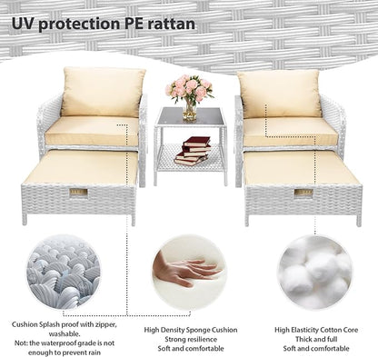 LEVELEVE Balcony Furniture 5 Piece Patio Conversation Set, PE Wicker Rattan Outdoor Lounge Chairs with Soft Cushions 2 Ottoman&Glass Table for Porch