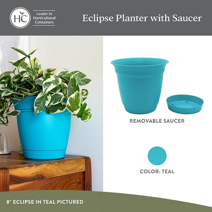 The HC Companies 10 Inch Eclipse Round Planter Pots with Drainage Holes & Attached Saucer, Lightweight UV-Resistant Plastic Indoor & Outdoor Planters, 2-Pack Flower Pots for Garden & Home Decor, Teal