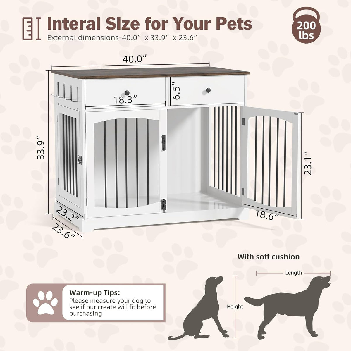 40 Inch Furniture-Style Dog Crate-Multipurpose Wood Pet Crate Furniture with Double Doors,2 Drawers, Decorative Dog House Indoor for Smal/Medium Dogs, White Finish