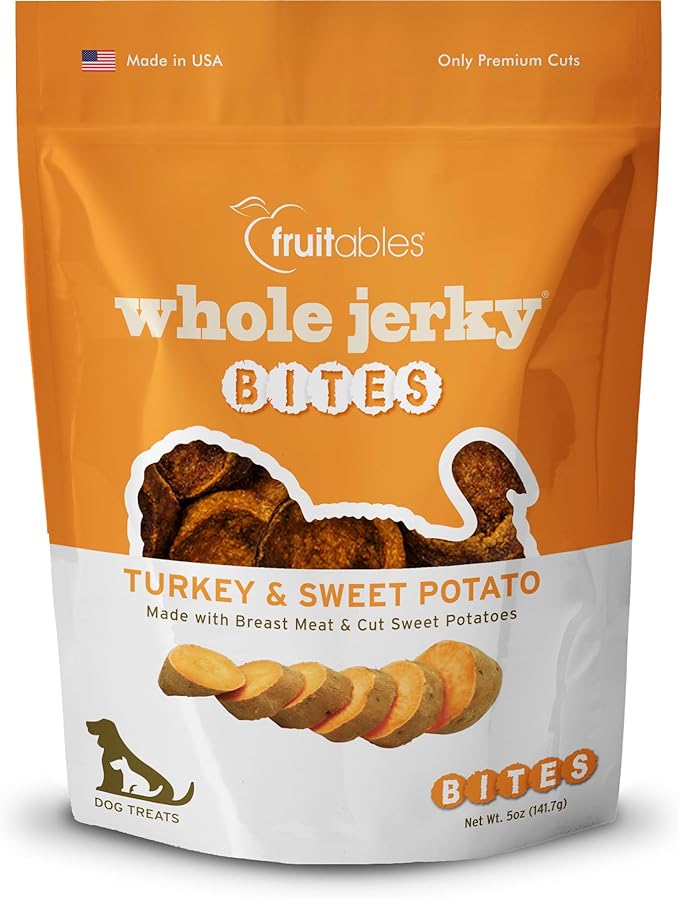 Fruitables Whole Jerky Bites, Healthy Dog Treats, Puppy Essentials, Jerky Dog Treats, Made in the USA, No Artificial Ingredients, Turkey & Sweet Potato Flavor, 5oz