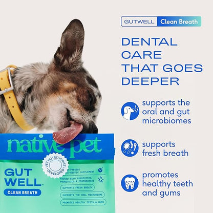 Native Pet GutWell Clean Breath - Dog Breath Freshener & Dog Dental Powder - Teeth Cleaning to Reduce Plaque & Tartar - Promotes Fresh Breath with Targeted Triple-biotic Dental Care Blend - 60 Scoops