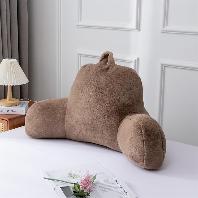 A Nice Night Faux Fur Soft Reading Pillow Bed Wedge Adult Backrest with Arms Back Support for Sitting Up in Bed/Couch for Bedrest,Khaki,Large