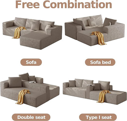 108'' Modular Sectional L-Shaped with Chair,Deep Seat Boneless Corner Couch for Living Room,Plush Corduroy Couch with Detachable Sofa Set,No Assembly(Right Facing Chaise,Camel)