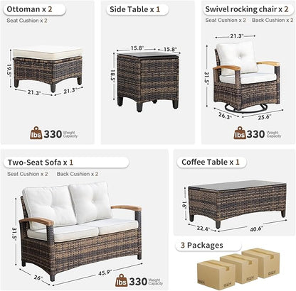 MEISSALIVVE 7 Pieces Patio Furniture Sets,PE Wicker Outdoor Conversation Sets with 2 Wood Armrests Swivel Rocker Chairs, 2 Ottoman, 2-seat Sofa and Coffee Table(Brown)