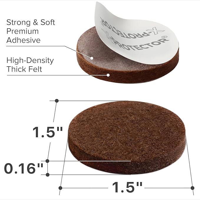 X-PROTECTOR Felt Furniture Pads - 32 PCS 1 1/2" Floor Protectors for Chair and Furniture Feet - Protect Your Hardwood Floors! (Brown, Round)