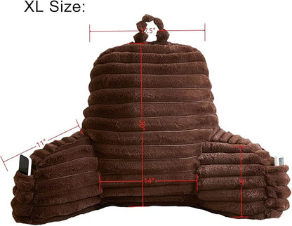 WERDIM Reading Pillow for Sitting in Bed, Faux Fur Back Pillow for Rest, Bed Chair Pillow with Arms and Pockets(XLarge, Coffee)