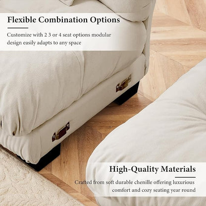 173.2" Oversized Couch, 4 Seater Modular Sectional Sofa, Beige Large U Shaped Sectional Fluffy Couch Set, Chenille Cloud Couches with Ottoman, Deep Seat Sofas for Living Room