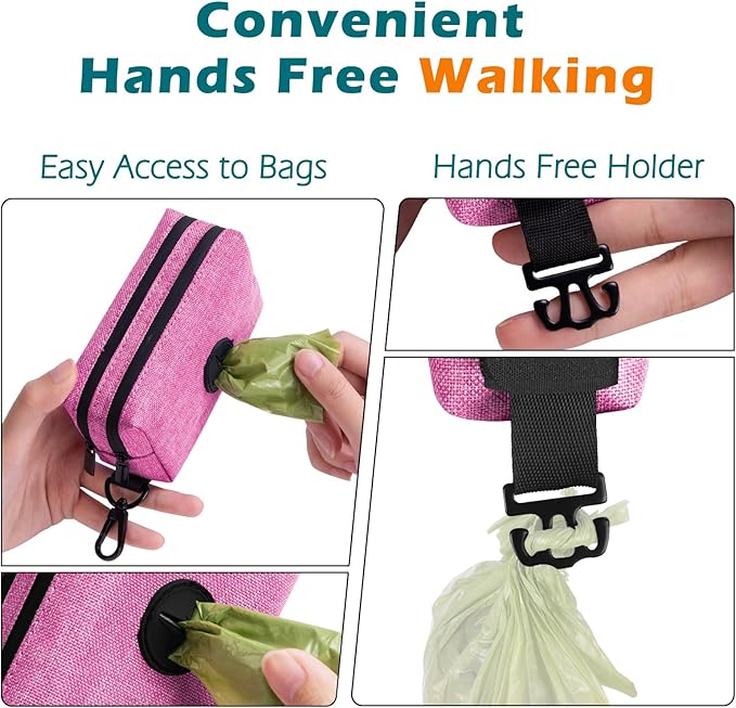 PetBonus Dog Poop Bag Holder, Portable Pet Waste Bag Dispenser, 2 Pouches for Treats and Walking Accessories, Fit All Leashes, Includes 1 Roll of Dog Poop Bags (Pink)