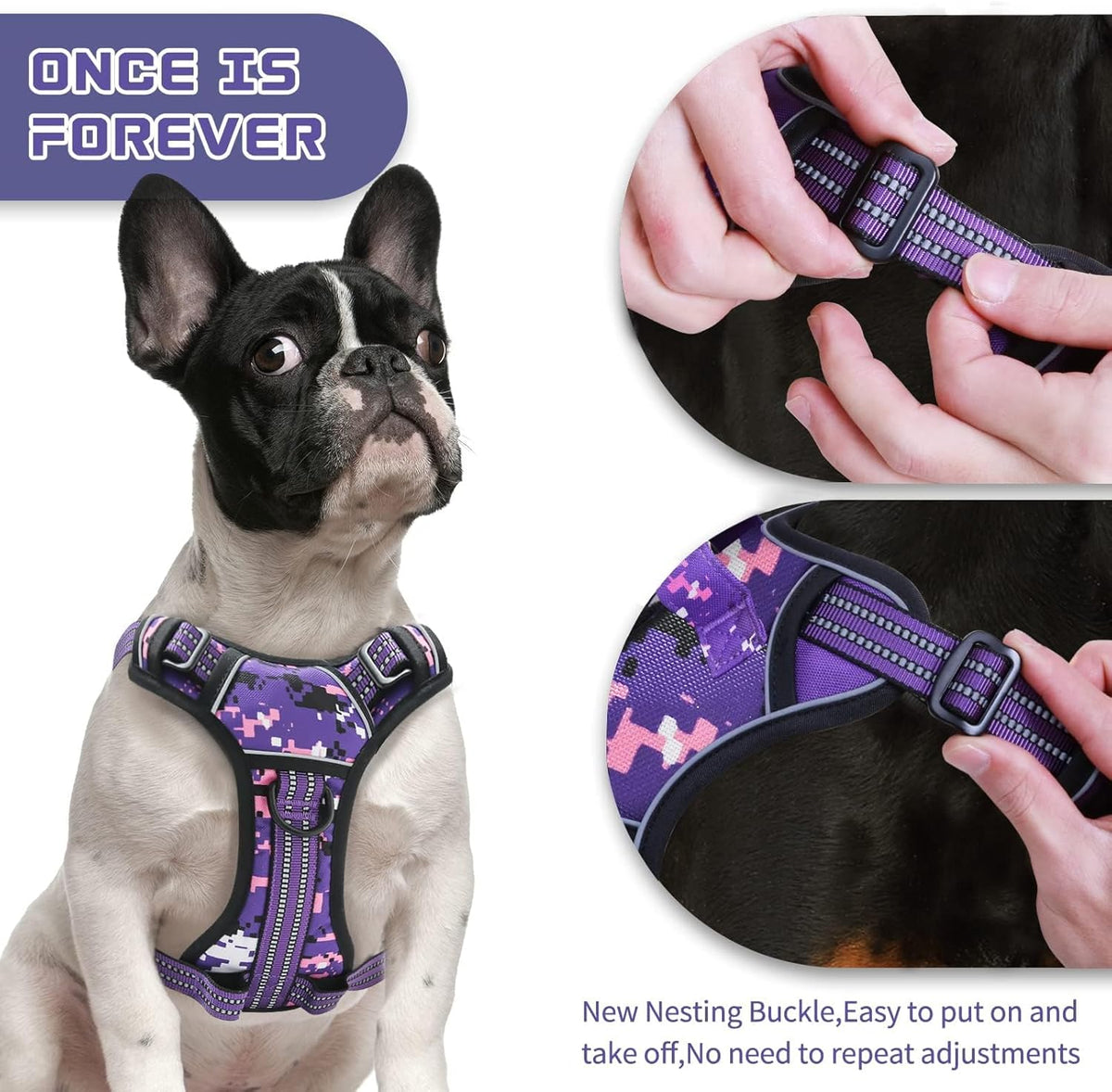 No Pull Dog Harness for Large Dogs, Adjustable No Choke Pet Vest with Dog Leash Fit Smart Reflective Pet Walking Harness for Training Easy Control Soft Handle Purple Camo L