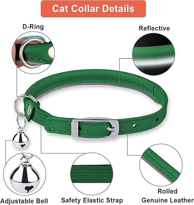 OOPSDOGGY Rolled Leather Cat Collar with Bell, Reflective Kitten Collars with Buckle Include Safety Elastic Strap - Adjustable Small Pet Collars for Boy Girl Cats (Green)