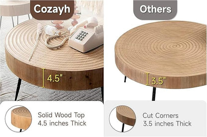 2-Piece Modern Farmhouse Living Room Coffee Table Set, Nesting Table Round Natural Finish with Handcrafted Wood Ring Pattern