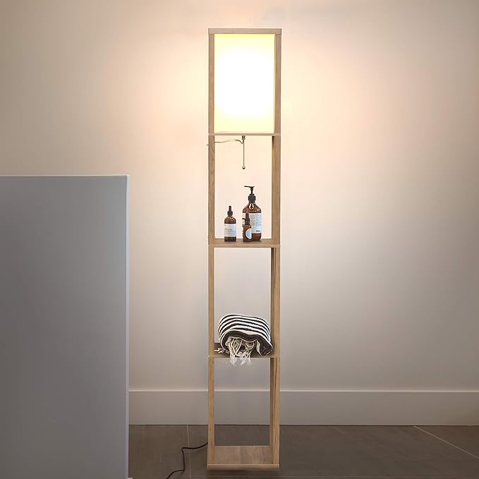 Brightech Maxwell - Modern Shelf Floor Lamp with Lamp Shade and LED Bulb - Coner Display Floor Lamps with Shelves for Living Room, Bedroom and Office - Rustic Wood