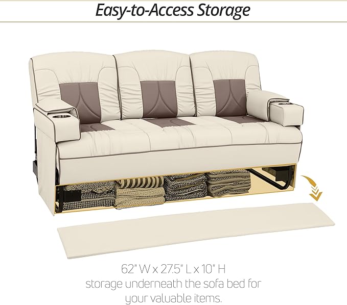 Qualitex De Leon Console SL RV Sofa Bed, 68" Wide, Ulitmate Leather, Bisque and Light Antelope
